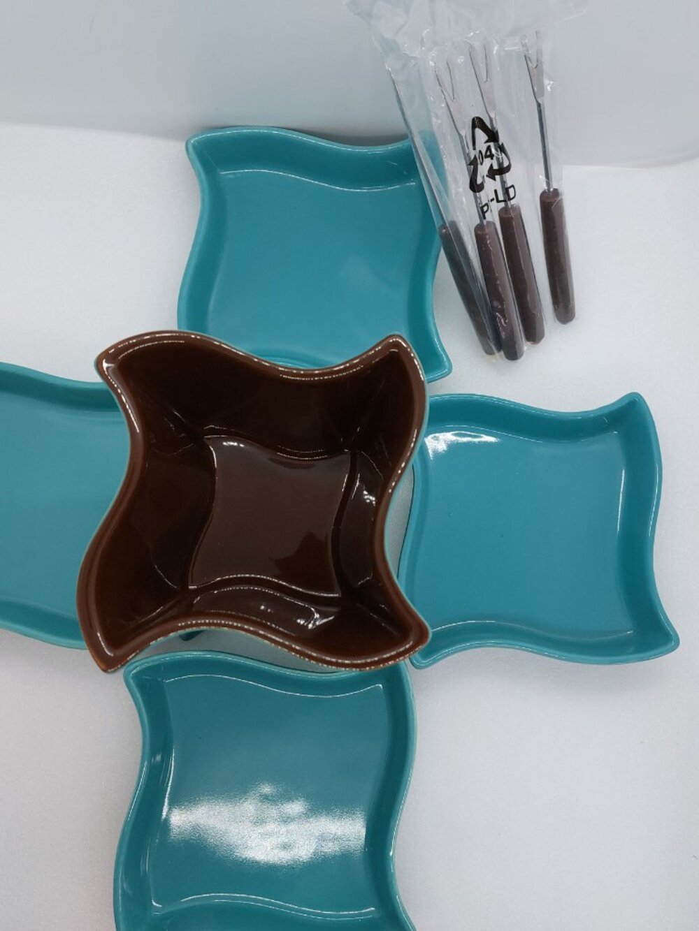 11 Piece Stokes Chocolate Fondue Stoneware Set Turquoise Color